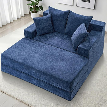 Blue 78” Oversized Corduroy Sofa Bed with Throw Pillows,Comfy Boneless Couch with Removable Ottoman