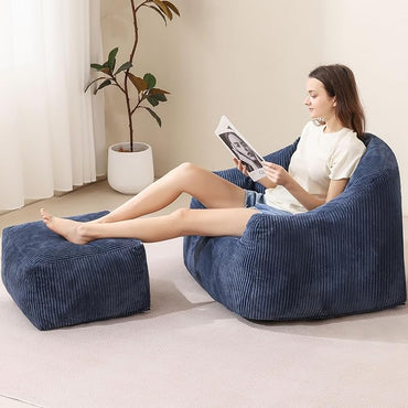 Blue Shell Lazy Sofa with Footstool,Comfortable Plush Adult Reading Chair