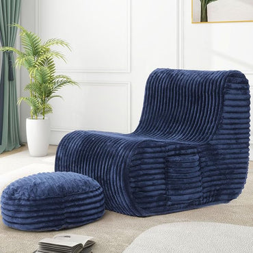 Navy Blue Soft Bean Bag Couch for Adults with Ottoman,, High-Resilient Foam  Lazy Sofa