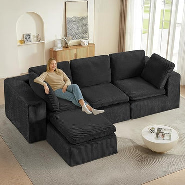#A01 Black Cloud Modular Sectional Couches  L-Shaped Sofa with Ottoman,Corduroy Sleeper Sofa Bed,No Assembly Compression Memory Foam Couch
