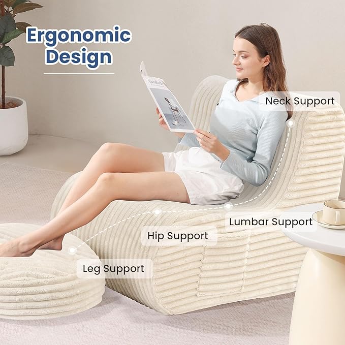 Beige Soft Bean Bag Couch for Adults with Ottoman,, High-Resilient Foam  Lazy Sofa