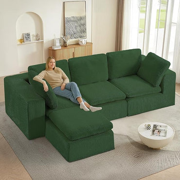 #A01 Green L-Shaped Couch Modular Sectional Sofa,3 Seat Comfy Cloud Couch Chaise, with Sponge Cushion
