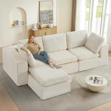 #A01 Beige L-Shaped Couch Modular Sectional Sofa, 3 Seat Comfy Cloud Couch Chaise, with Sponge Cushion