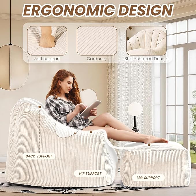 Beige Shell Lazy Sofa with Footstool,Comfortable Plush Adult Reading Chair