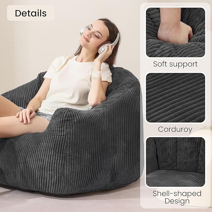 Grey Shell Lazy Sofa with Footstool,Comfortable Plush Adult Reading Chair